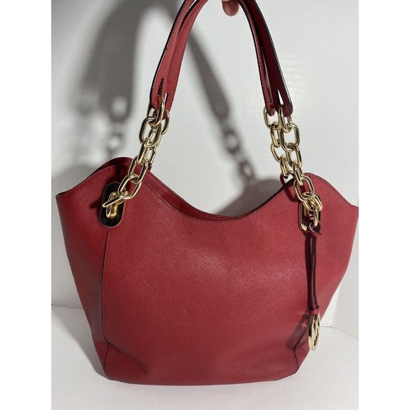 Michael Kors Purse Red Leather Goldtone Chain Detail Double Handle